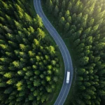 LKW fährt durch den Wald auf ieiner geschlängelten Straße